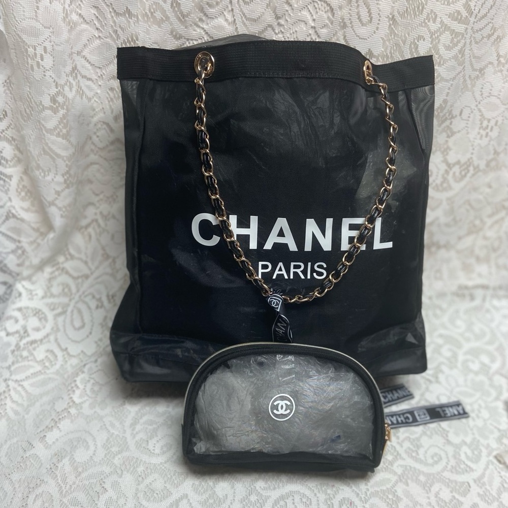 Chanel Black Sheer Nylon Shoulder Bag-Tote with Cosmetic Pouch 14in x 14in x 4in